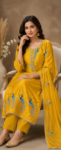 YELLOW SUIT IN CREPE  FABRIC WITH BIRDS EMBROIDERY ON FULL SUIT