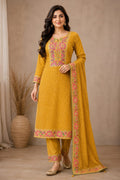 YELLOW COLOR SILK SUIT BANDANI PRINT  HEAVY WORK ON NECKLINE