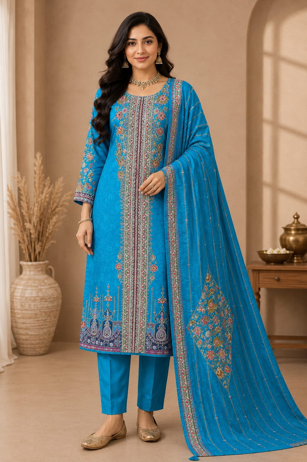 PURE  CREPE PRINTED  SUIT WITH HEAVY SEQUENCE  AND MIRROR WORK ON FULL SUIT