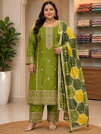 SILK SUIT WITH EMBROIDERY ON FULL SUIT WORK ON NECKLINE.  PLAIN BOTTOM  WITH WORK  DUAL TONE DUPATTA
