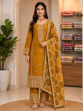 SILK SUIT WITH EMBROIDERY ON FULL SUIT WORK ON NECKLINE.  PLAIN BOTTOM  WITH WORK  DUAL TONE DUPATTA