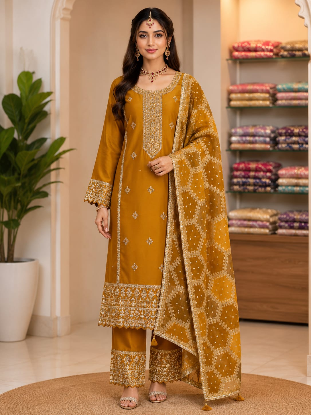 SILK SUIT WITH EMBROIDERY ON FULL SUIT WORK ON NECKLINE.  PLAIN BOTTOM  WITH WORK  DUAL TONE DUPATTA