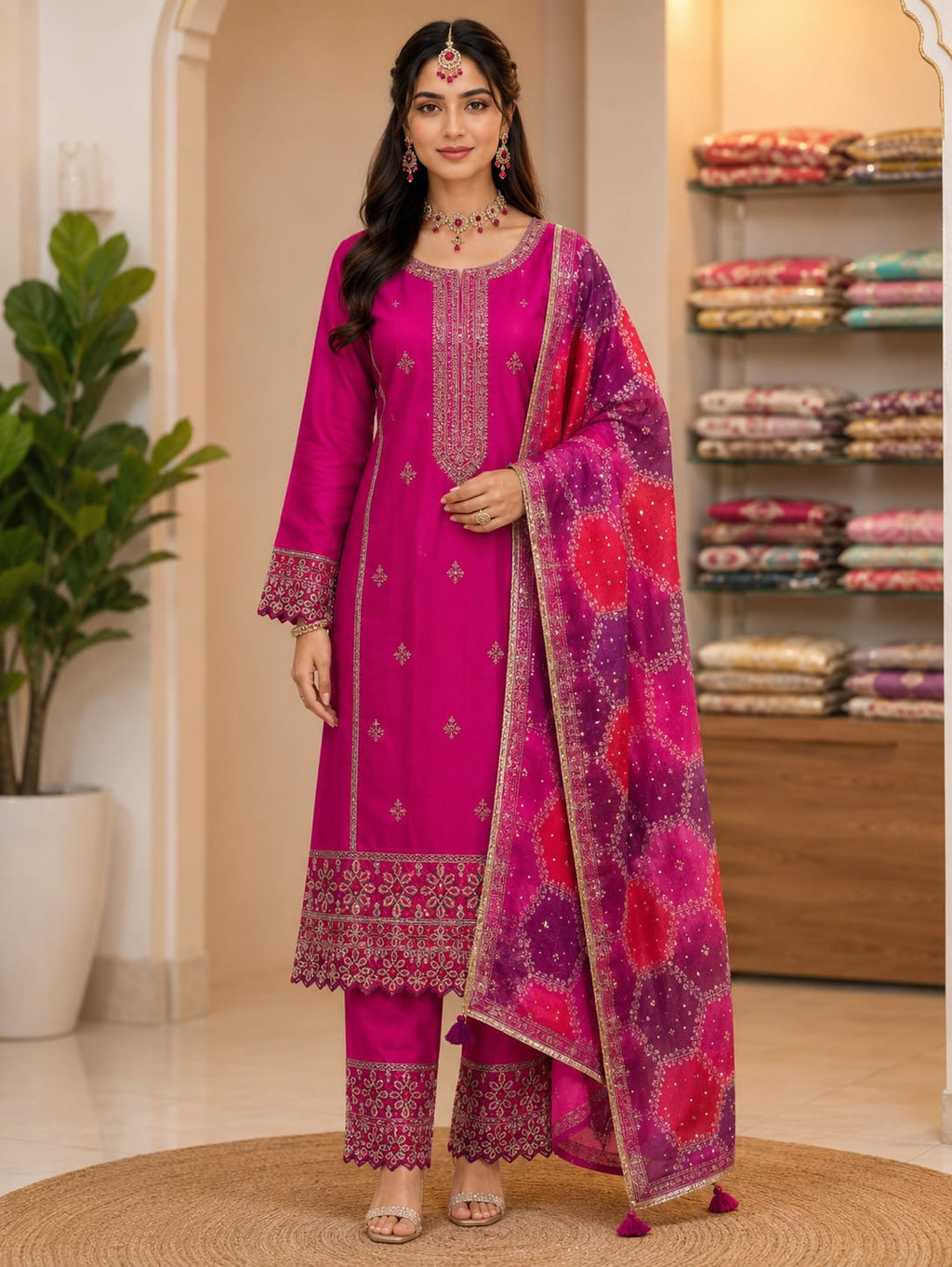 SILK SUIT WITH EMBROIDERY ON FULL SUIT WORK ON NECKLINE.  PLAIN BOTTOM  WITH WORK  DUAL TONE DUPATTA