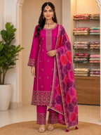 SILK SUIT WITH EMBROIDERY ON FULL SUIT WORK ON NECKLINE.  PLAIN BOTTOM  WITH WORK  DUAL TONE DUPATTA