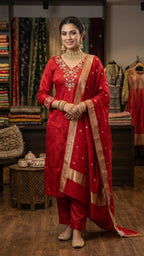 RED AND PINK SELF PRINT CREPE SUIT WITH WORK ON NECK AND SLEEVES