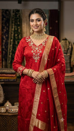 RED AND PINK SELF PRINT CREPE SUIT WITH WORK ON NECK AND SLEEVES