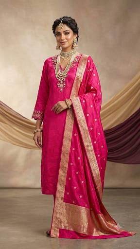 RED AND PINK SELF PRINT CREPE SUIT WITH WORK ON NECK AND SLEEVES
