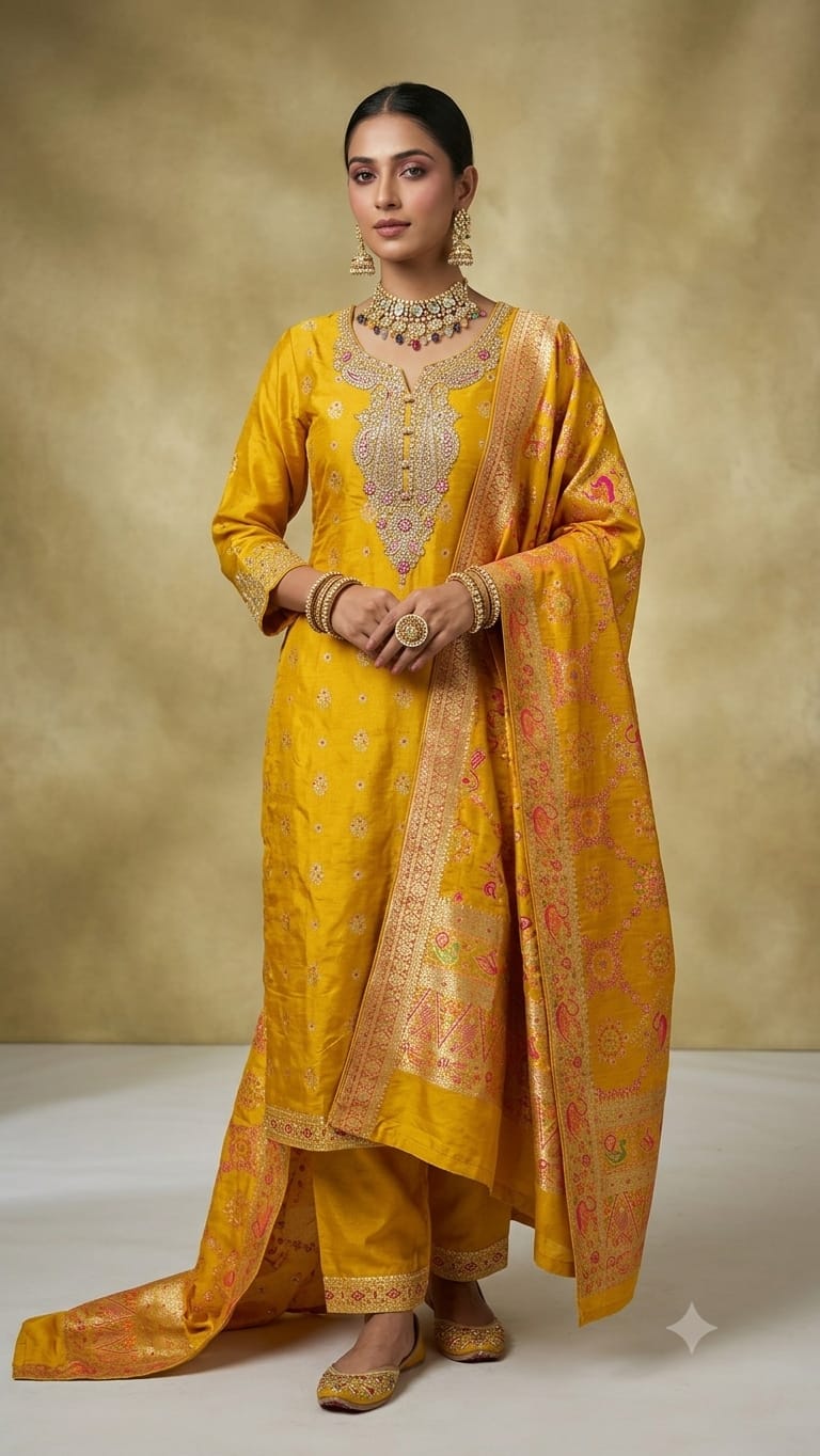 PURE BANARSI YELLOW SUIT WITH HEAVY NECK WORK