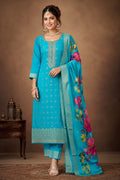 PURE BANARSI BLUE COLOUR SUIT WITH WORK ON NECKLINE