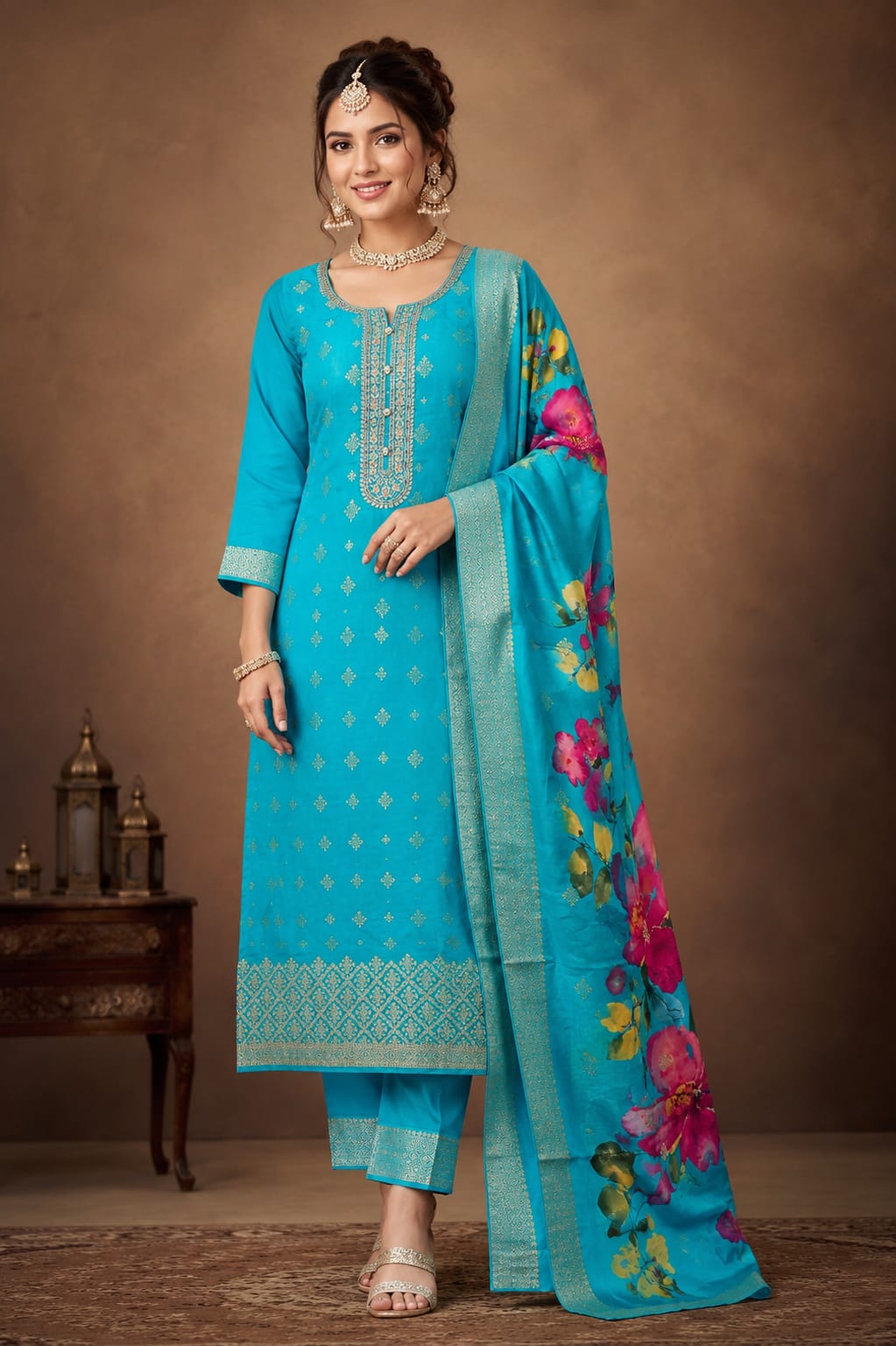 PURE BANARSI BLUE COLOUR SUIT WITH WORK ON NECKLINE