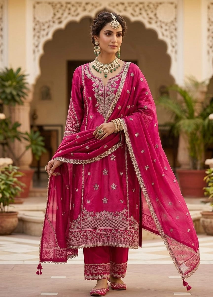 PURE CREPE SUIT WITH HEAVY THREAD WORK ON SUIT  BOTTOM WITH EMBROIDERY  CHINNON DUPATTA  WITH THREAD EMBROIDERY