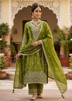 PURE CREPE SUIT WITH HEAVY THREAD WORK ON SUIT  BOTTOM WITH EMBROIDERY  CHINNON DUPATTA  WITH THREAD EMBROIDERY