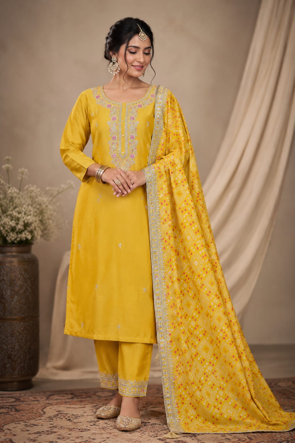 DOLA SILK SUIT WITH WORK ON NECKLINE