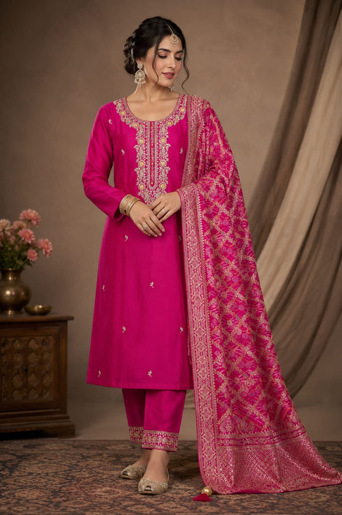 DOLA SILK SUIT WITH WORK ON NECKLINE