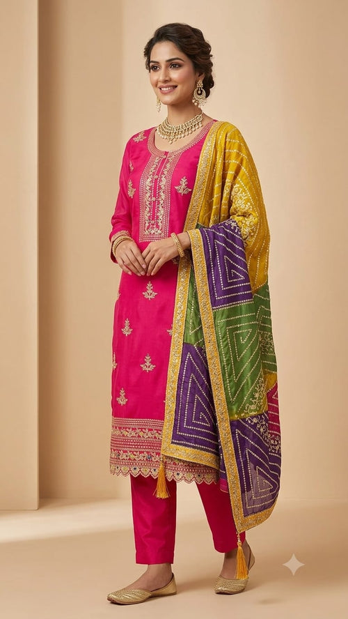 CHINNON  SUIT WITH  EMBROIDERY ON FULL SUIT PLAIN BOTTOM WITH EMBROIDERY  ON FULL  DUPATTA