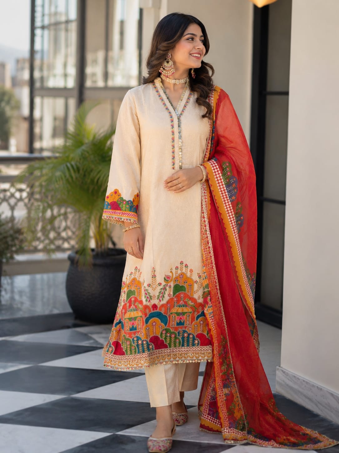 OFF WHITE CHINNON SUIT WITH THREAD EMBROIDERY ON NECK AND HEAVY EMBROIDERY ON HEMLINE