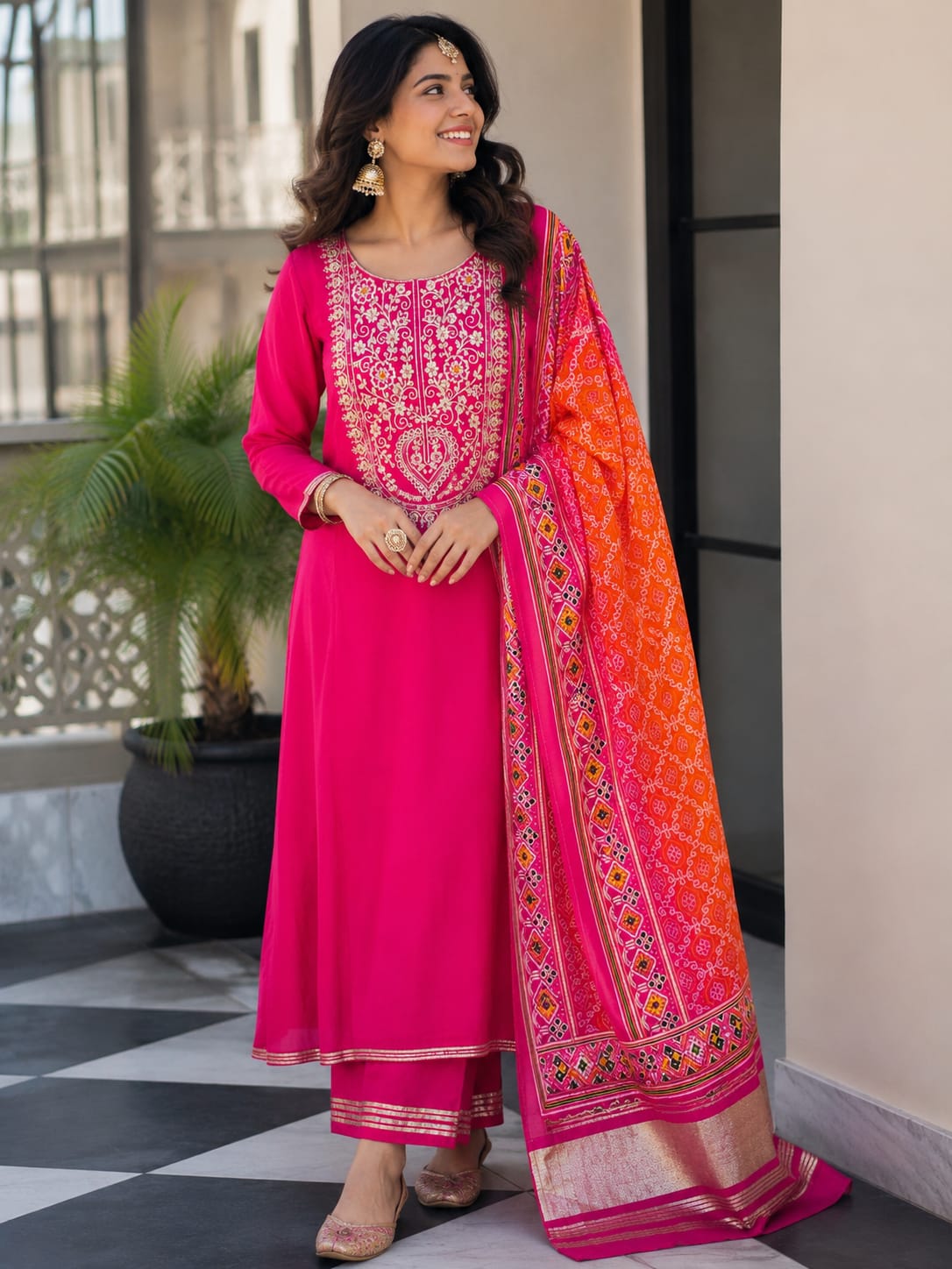 DOLA SILK RANI COLOUR SUIT WITH EMBROIDERY ON NECKLINE  PLAIN PANT  AMD BANDANI DUPATTA