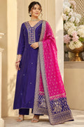 DOLA SILK SUIT  WITH GOTA WORK EMBROIDERY ON NECKLINE  PLAIN PANT  PURPLE AND RANI DUAL TONE DUPATTA