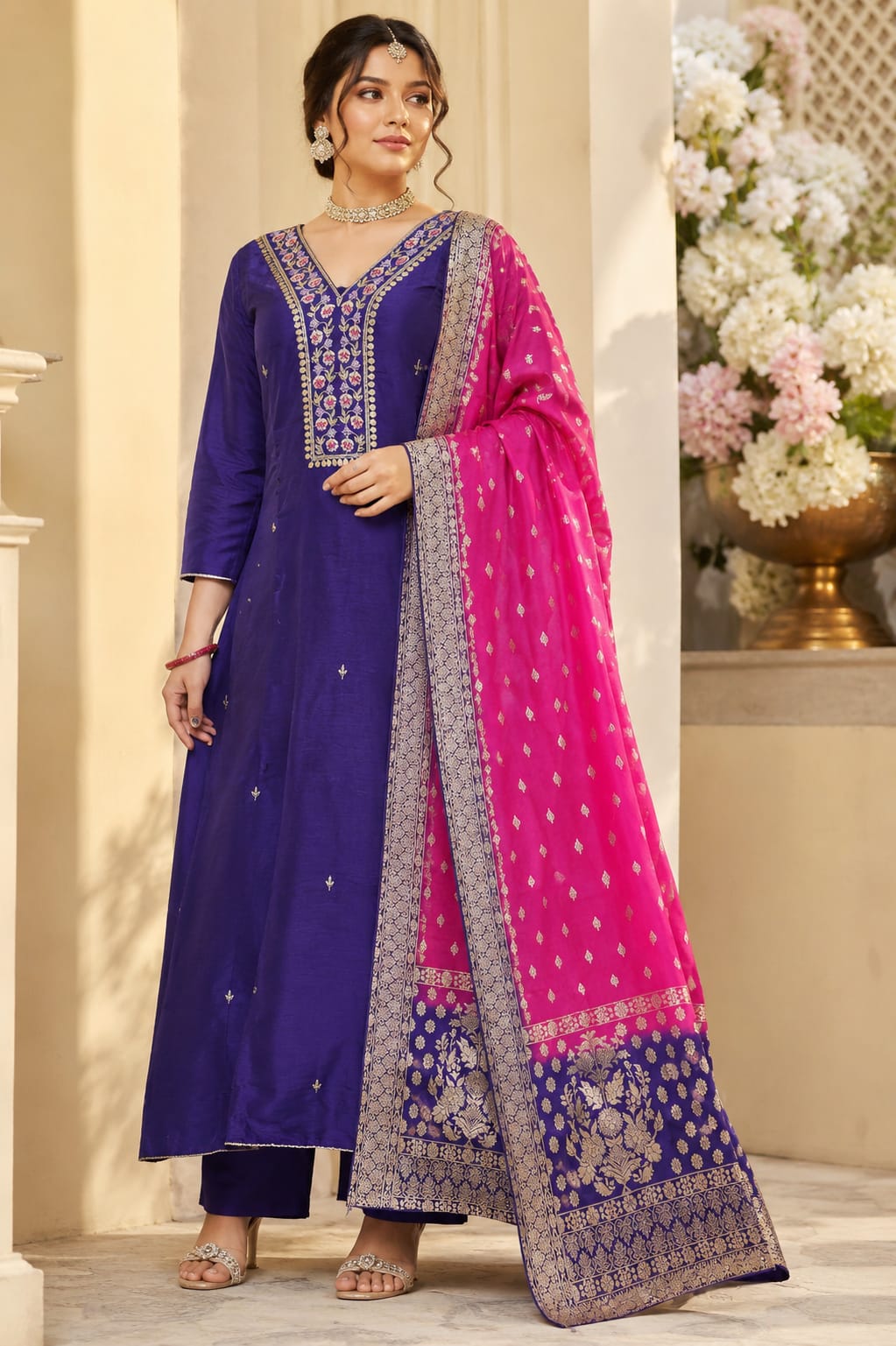 DOLA SILK SUIT  WITH GOTA WORK EMBROIDERY ON NECKLINE  PLAIN PANT  PURPLE AND RANI DUAL TONE DUPATTA