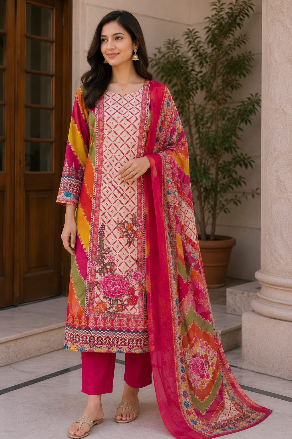 MULTICOLOR  DOLA SILK SUIT WITH  SEQUENCE  HIGHLTING  WORK ON FLOWERS  PLAIN PANT  PURE PRINTED DUPATTA
