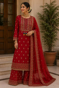 GEORGETTE  MAHROON  COLOUR SUIT WITH GOLDEN FOIL PRINT FLOWERS ON FULL SUIT  BEAUTIFUL NECKLINE  PRINTED LOOSE PLAZO PRINTED DUPATTA WITH FOUR SIDE LACE