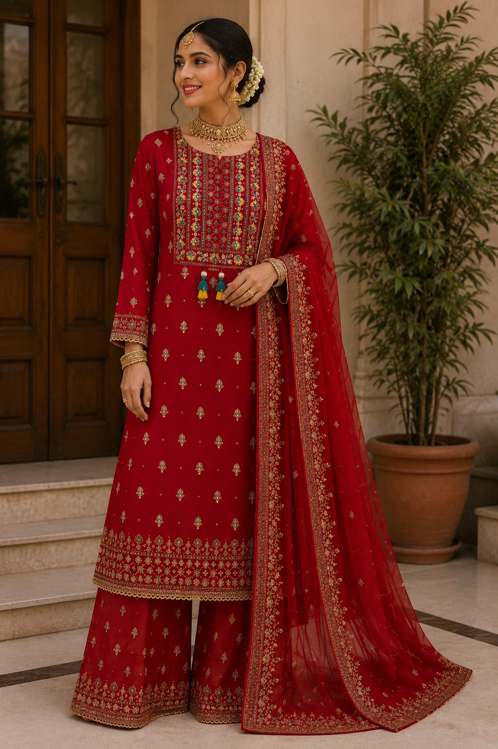 GEORGETTE  MAHROON  COLOUR SUIT WITH GOLDEN FOIL PRINT FLOWERS ON FULL SUIT  BEAUTIFUL NECKLINE  PRINTED LOOSE PLAZO PRINTED DUPATTA WITH FOUR SIDE LACE