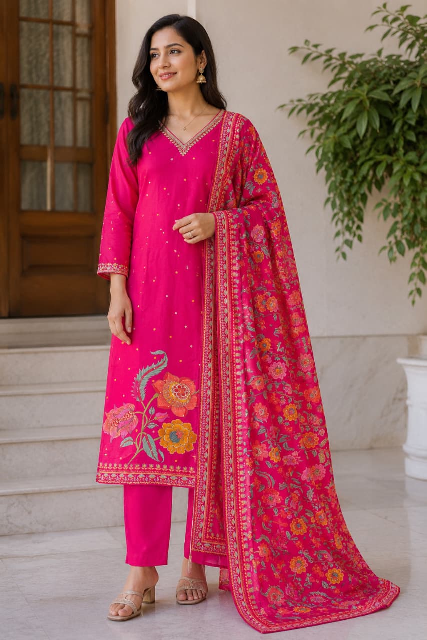 MUSLIN  PRINTED SUIT  WITH  PLAIN PANT   PRINTED DUPATTA