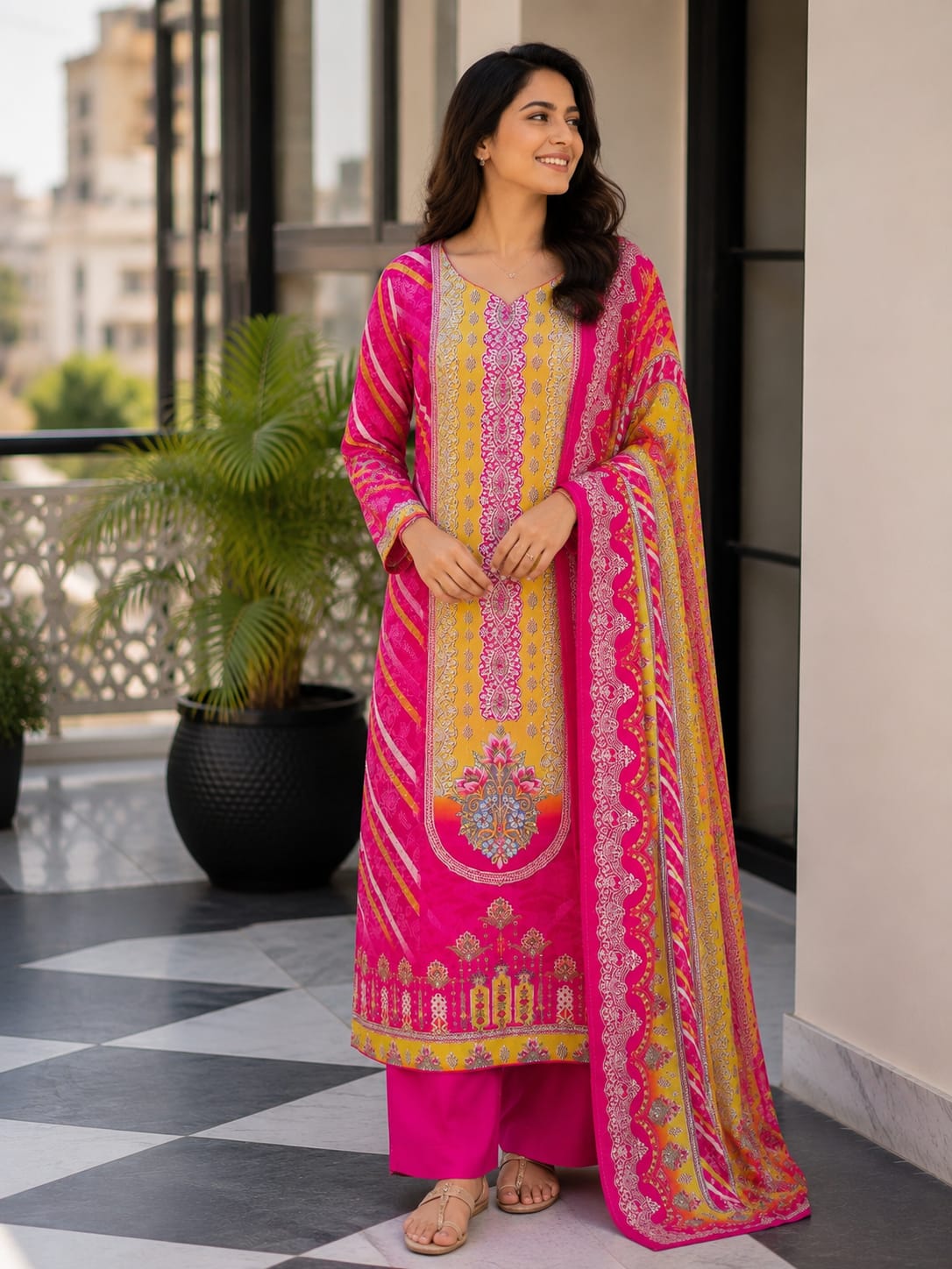 MUSLIN  PRINTED SUIT  WITH  PLAIN PANT   PRINTED DUPATTA