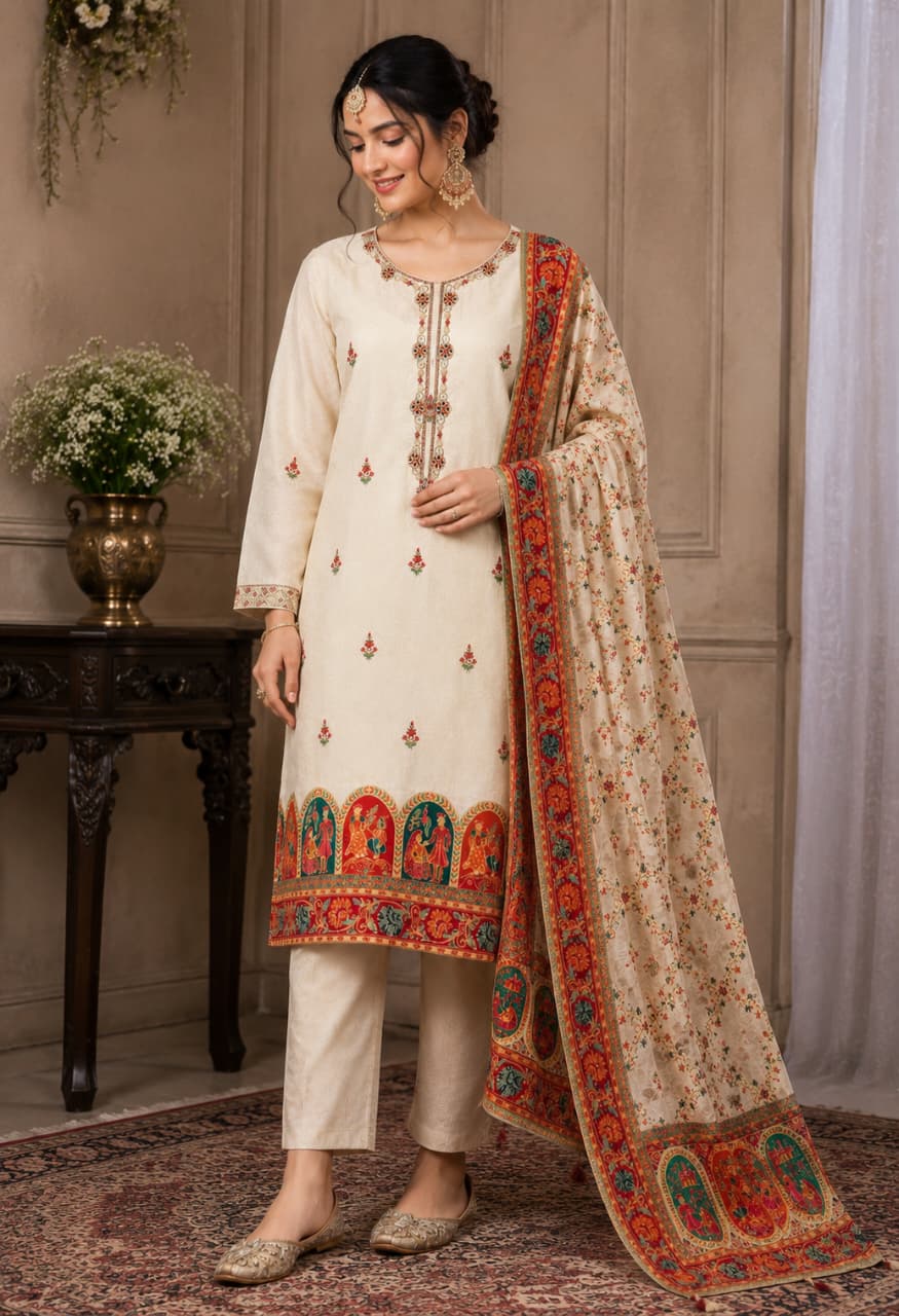 PURE BANARSI SUIT  IN OFF WHITE COLOUR WITH HEAVY EMBROIDERY ON HEMLINE