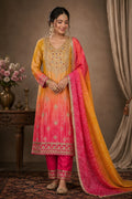 BANDANI PRINT SUIT WITH EMBROIDERY ON NECK, HEMLINE AND SLEEVES  BOTTOM WITH EMBROIDERY  BANDANI PRINT DUPATTA WITH LACE