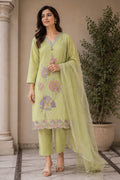 GREEN COLOUR SHIMMER FABRIC WITH FLOWER EMBROIDERY AND SCALPING ON HEMLINE