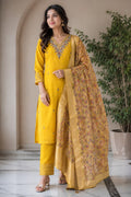YELLOW DOLA SILK SUIT WITH HEAVY EMBROIDERY ON NECKLINE