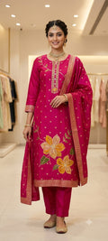PINK COLOR BANARSI SUIT MOTI WORK ON FLOWERS  PLAIN BOTTOM  ON       BANARSI  DUPATTA WITH FOUR SIDE LACE