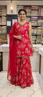 FLORAL PRINT  CHINNON SHORT SHIRT WITH SHRARA  SEQUENCE  WORK HIGHLTING