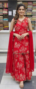 FLORAL PRINT  CHINNON SHORT SHIRT WITH SHRARA  SEQUENCE  WORK HIGHLTING