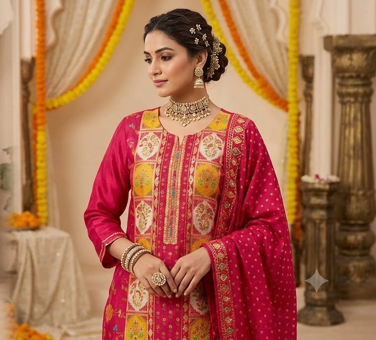 RED COLOUR PURE BANARSI  SUIT WITH SEQUENCE  WORK