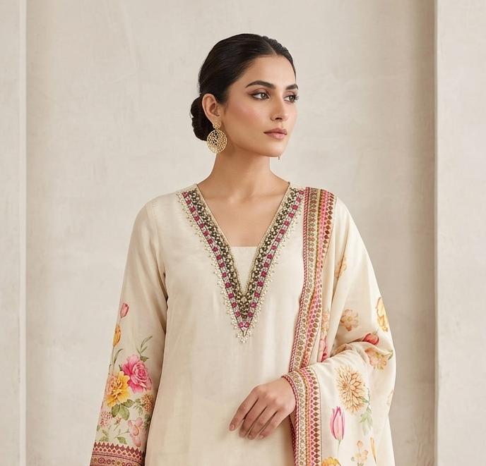 PURE CREPE  FLORAL PRINT SUIT WITH MOTI WORK ON NECK