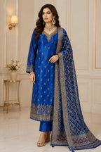 ROYAL BLUE COLOUR PURE BANARSI  SUIT WITH  WORK ON NECK AND HEMLINE