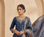 ROYAL BLUE COLOUR PURE BANARSI  SUIT WITH  WORK ON NECK AND HEMLINE