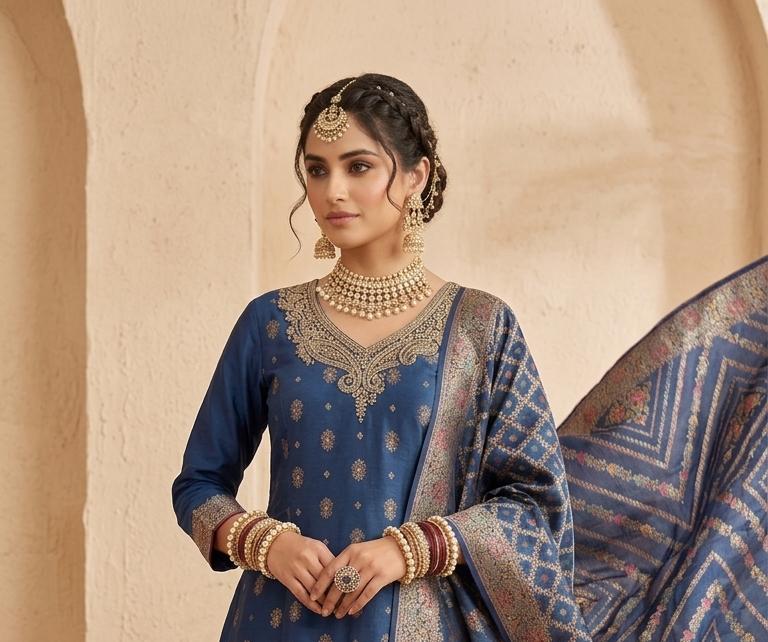 ROYAL BLUE COLOUR PURE BANARSI  SUIT WITH  WORK ON NECK AND HEMLINE