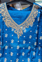 ROYAL BLUE COLOUR PURE BANARSI  SUIT WITH  WORK ON NECK AND HEMLINE
