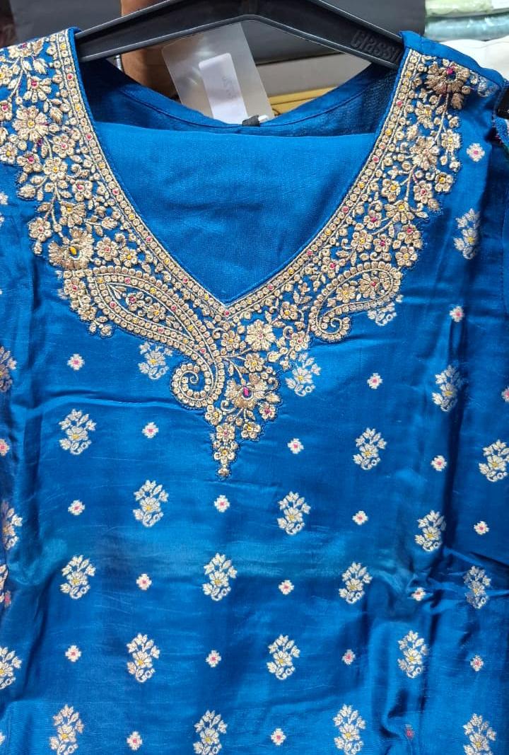 ROYAL BLUE COLOUR PURE BANARSI  SUIT WITH  WORK ON NECK AND HEMLINE