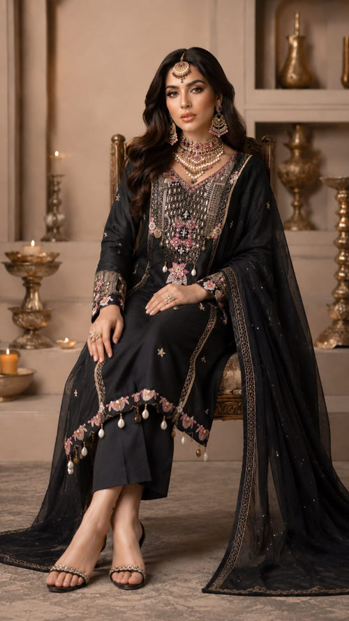 DOLA SILK  BLACK COLOUR SUIT WITH  MOTI AND SEQUENCE  HEAVY WORK ON FULL SUIT TWO POCKET IN FRONT