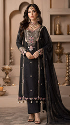 DOLA SILK  BLACK COLOUR SUIT WITH  MOTI AND SEQUENCE  HEAVY WORK ON FULL SUIT TWO POCKET IN FRONT