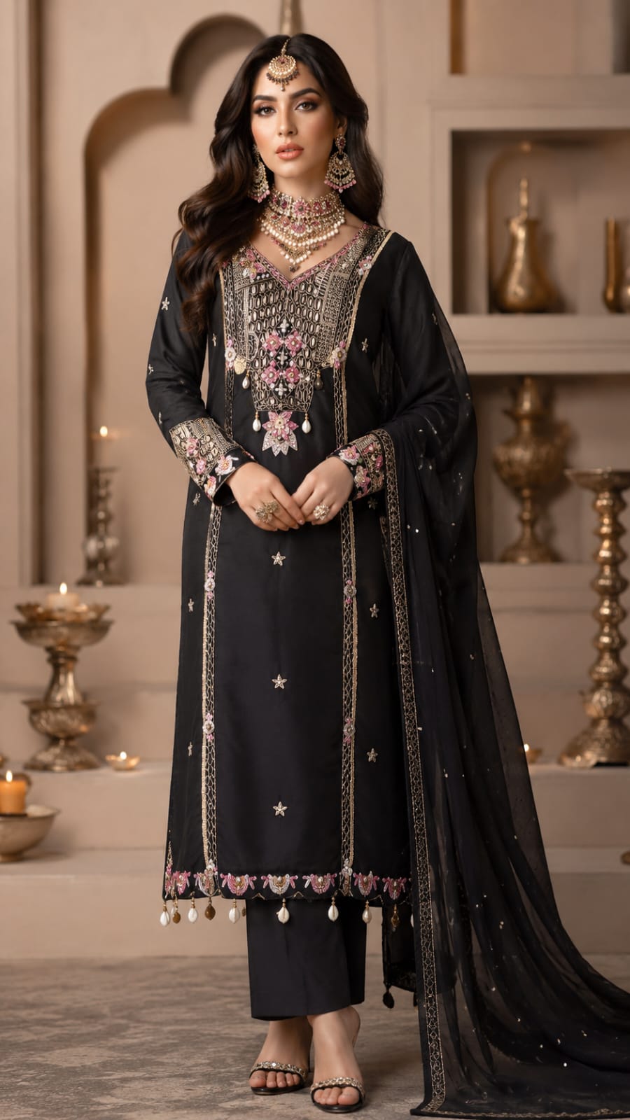 DOLA SILK  BLACK COLOUR SUIT WITH  MOTI AND SEQUENCE  HEAVY WORK ON FULL SUIT TWO POCKET IN FRONT