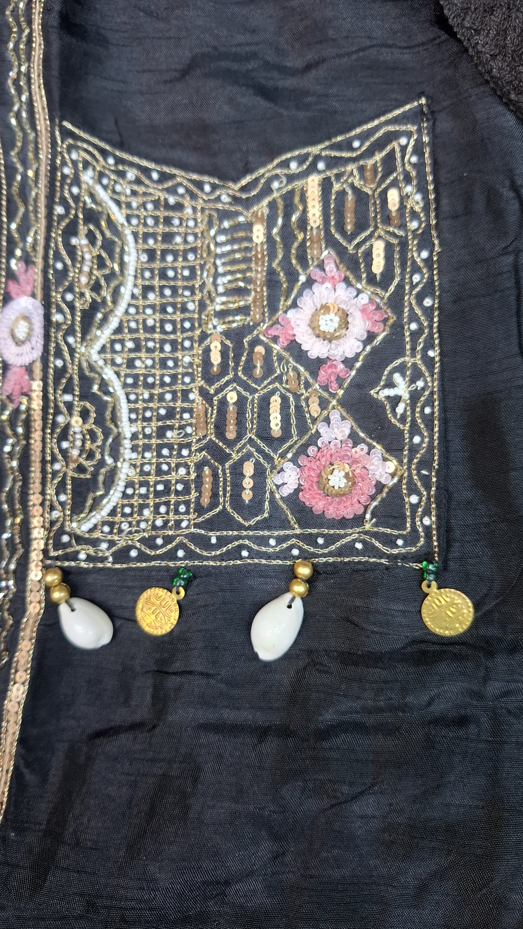 DOLA SILK  BLACK COLOUR SUIT WITH  MOTI AND SEQUENCE  HEAVY WORK ON FULL SUIT TWO POCKET IN FRONT