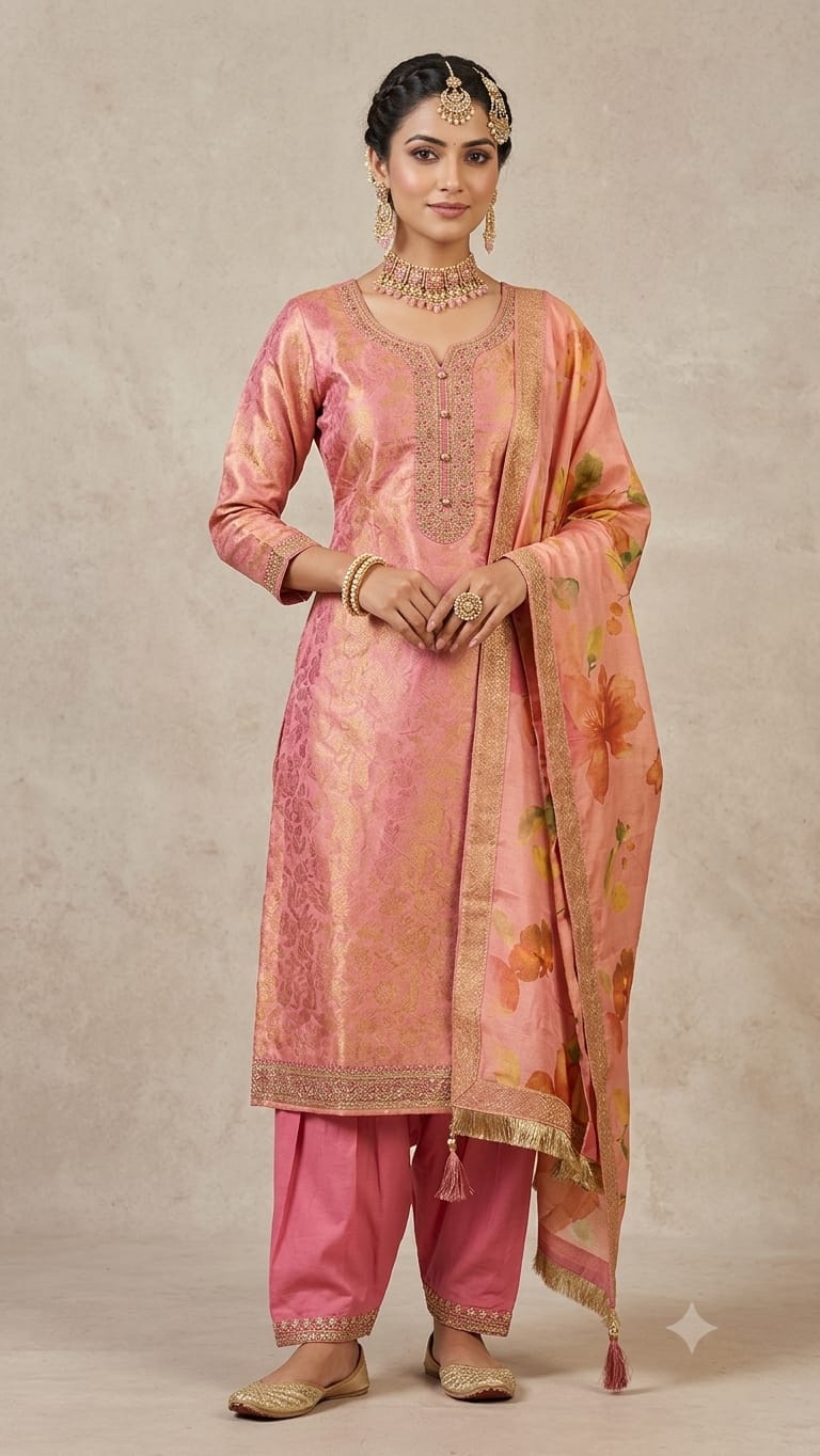 BABY PINK COLOUR  PURE BANARSI  SUIT WITH WORK    ON NECK LINE HEMLINE