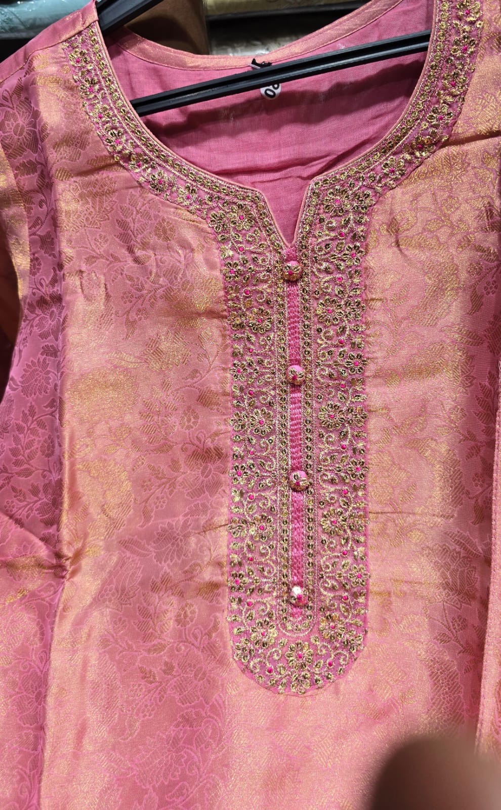 BABY PINK COLOUR  PURE BANARSI  SUIT WITH WORK    ON NECK LINE HEMLINE