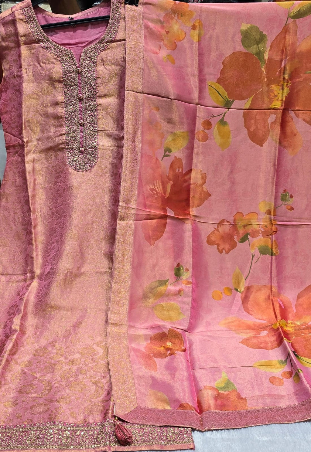 BABY PINK COLOUR  PURE BANARSI  SUIT WITH WORK    ON NECK LINE HEMLINE