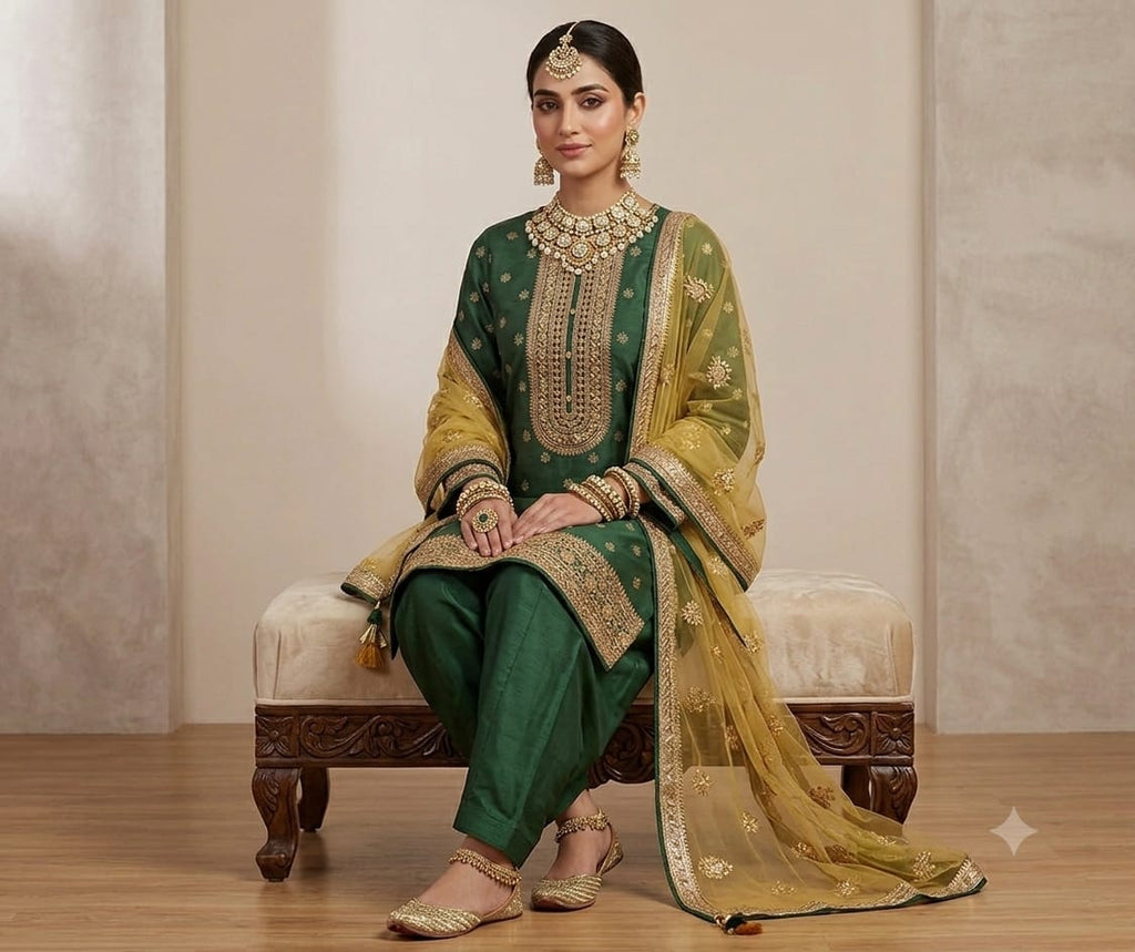 SALWAR SUIT  GREEN COLOUR PURE BANARSI SHORT LENGTH SUIT WITH WORK ON NECKLINE  AND SLEEVES